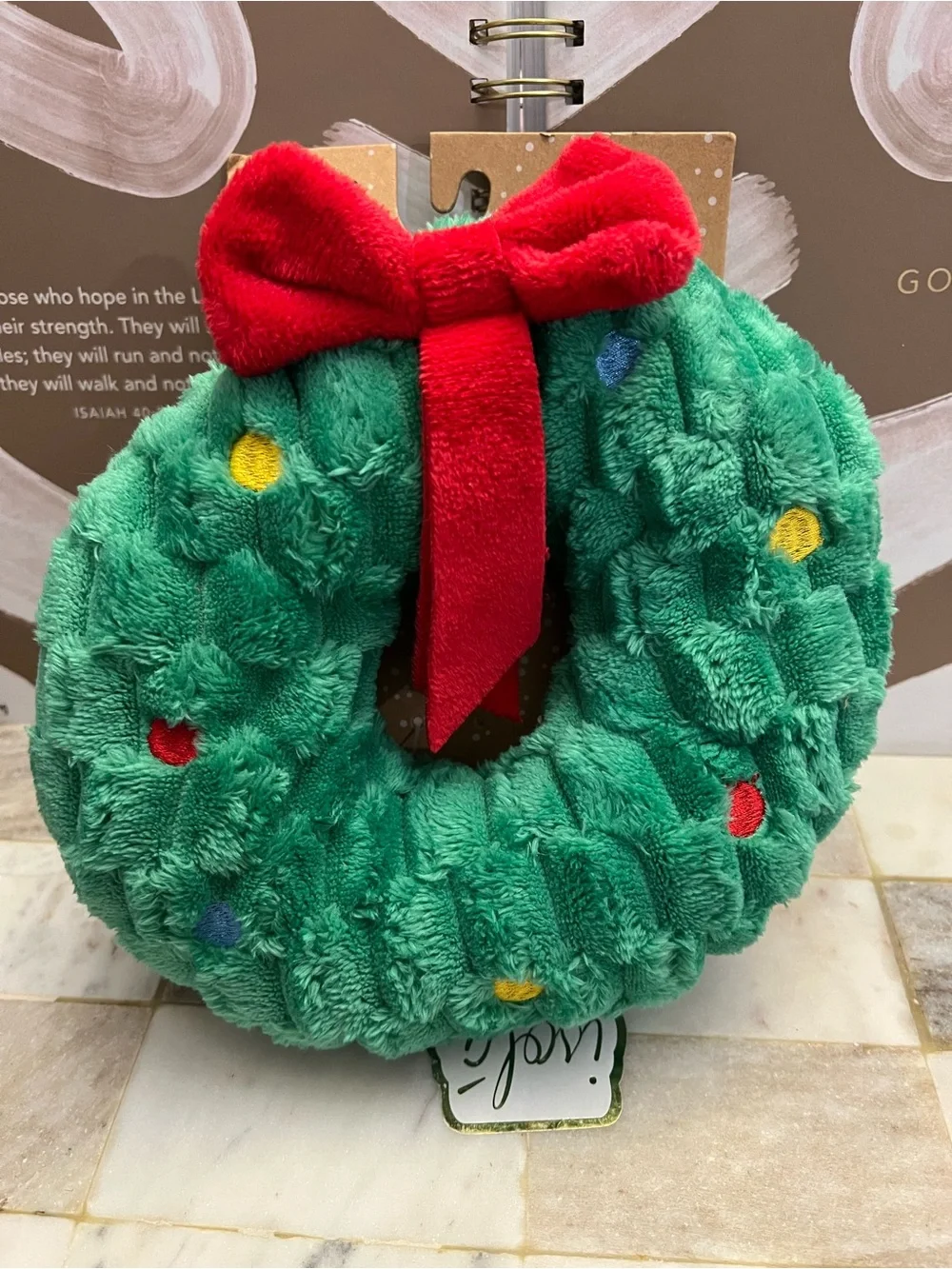 Happy Holidays Green Plush Wreath Dog Toy with Red Bow